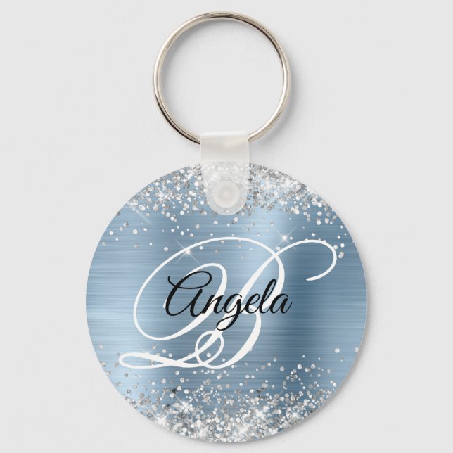 Silver Glitter Light Blue Foil Fancy Monogram Keychain (Front)