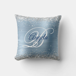 Silver Glitter Light Blue Foil Fancy Monogram Throw Pillow