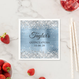 Silver Glitter Light Blue Foil Quinceañera Napkins