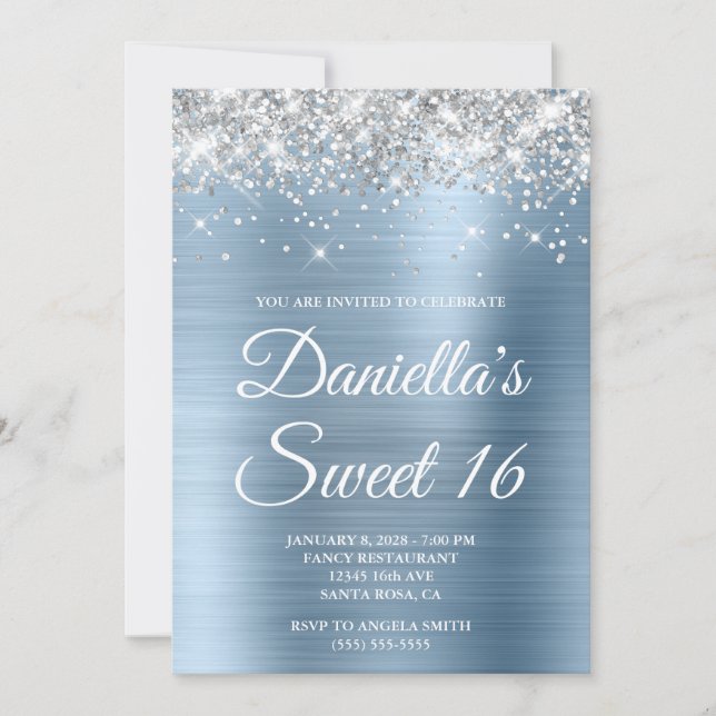 Silver Glitter Light Blue Foil Sweet 16 Invitation (Front)