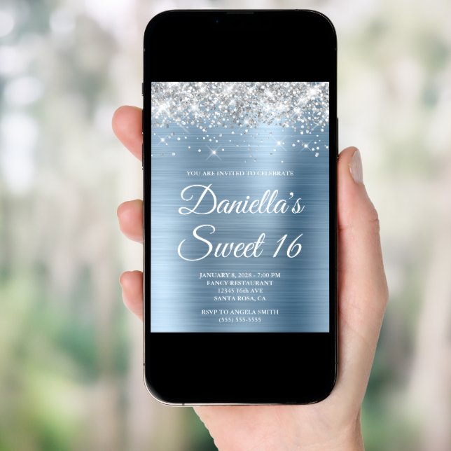 Silver Glitter Light Blue Foil Sweet 16 Invitation (Front Digital)