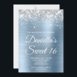 Silver Glitter Light Blue Foil Sweet 16 Invitation<br><div class="desc">Create your own stylish 16th birthday celebration invitation for your daughter. Decorative faux sparkly silver glitter graphics form a top border. The background digital art features a shiny light blue ombre style brushed metal foil. Customize the invitation white text color or font styles. The "Sweet 16" text is also customizable....</div>