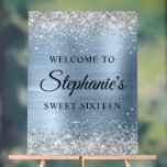 Silver Glitter Light Blue Foil Sweet Sixteen Acrylic Sign<br><div class="desc">Create your own 16th birthday party welcome 18x24 vertical acrylic sign for your daughter. Replace the sample image with your own family photo. Customize the modern elegant calligraphy with a modern all caps style font to create your own personalized sign. The background features a faux sparkly silver glitter with a...</div>