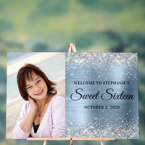 Silver Glitter Light Blue Foil Sweet Sixteen Acrylic Sign