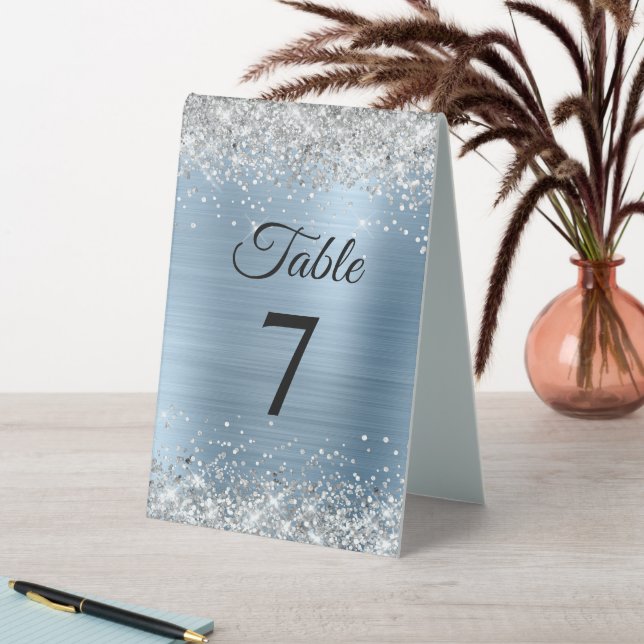 Silver Glitter Light Blue Foil Table Number Table Tent (In SItu (Table))