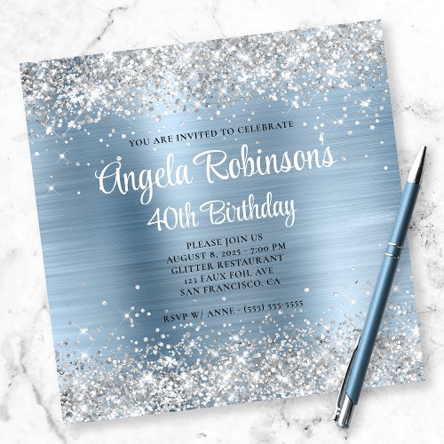 Silver Glitter Light Blue Glam 40th Birthday Invitation