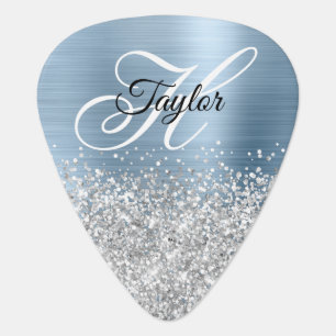 Silver Glitter Light Blue Glam Fancy Monogram Guitar Pick