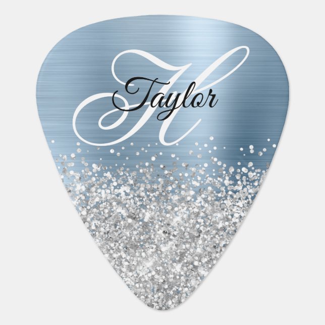 Silver Glitter Light Blue Glam Fancy Monogram Guitar Pick (Front)