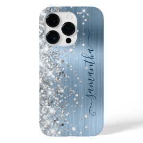 Silver Glitter Light Blue Glam Girly Signature Case-Mate iPhone 14 Pro Case