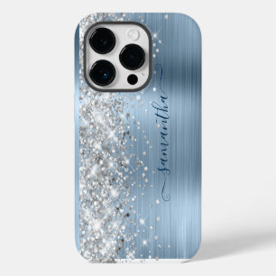 Silver Glitter Light Blue Glam Girly Signature iPhone 14 Pro Case