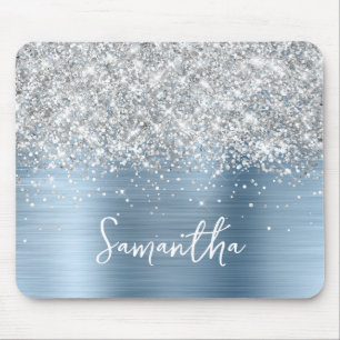 Silver Glitter Light Blue Glam Name Mouse Pad