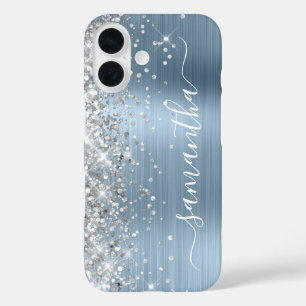 Silver Glitter Light Blue Metallic Girly Signature iPhone 16 Case