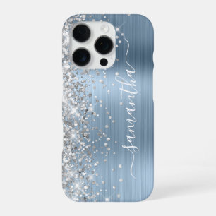 Silver Glitter Light Blue Metallic Girly Signature iPhone 16 Pro Case