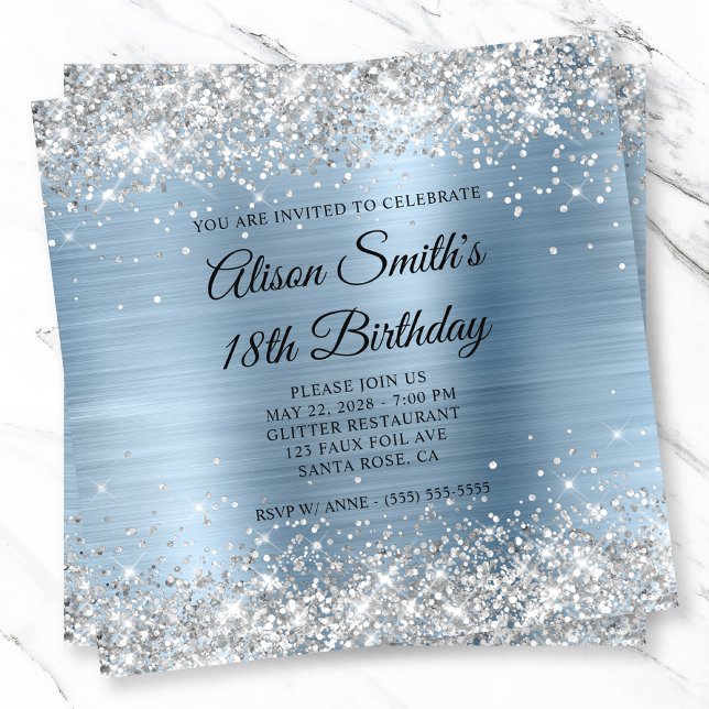 Silver Glitter Light Blue Monogram 18th Birthday Invitation (Silver Glitter Light Blue Monogram 18th Birthday Invitation)