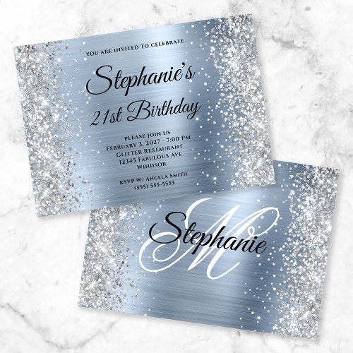 Silver Glitter Light Blue Monogram 21st Birthday Invitation