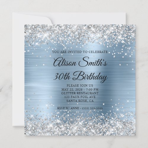 Silver Glitter Light Blue Monogram 30th Birthday Invitation