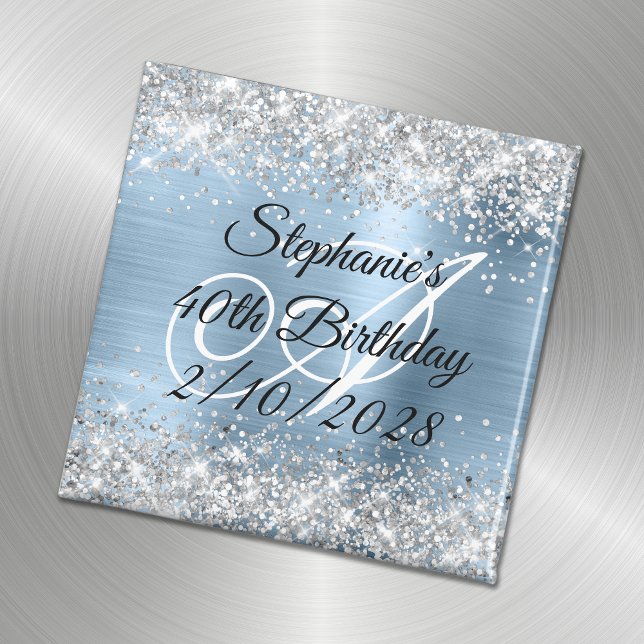 Silver Glitter Light Blue Monogram 40th Birthday Magnet (Creator Uploaded)