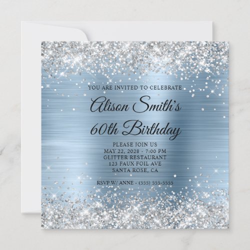 Silver Glitter Light Blue Monogram 60th Birthday Invitation