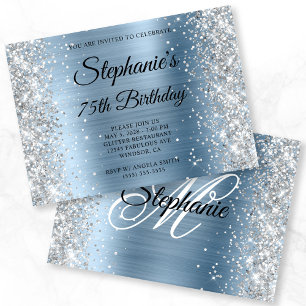 Silver Glitter Light Blue Monogram 75th Birthday Invitation