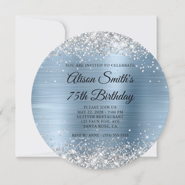 Silver Glitter Light Blue Monogram 75th Birthday Invitation (Front)