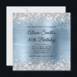 Silver Glitter Light Blue Monogram 80th Birthday Invitation<br><div class="desc">A girly glam monogrammed 80th birthday invitation for her featuring faux sparkly silver glitter against a light blue brushed metal foil. Customize the calligraphy font style in the black and white fancy monogram on the back side, or the modern all caps font style the front. All the sparkly, glittery and...</div>