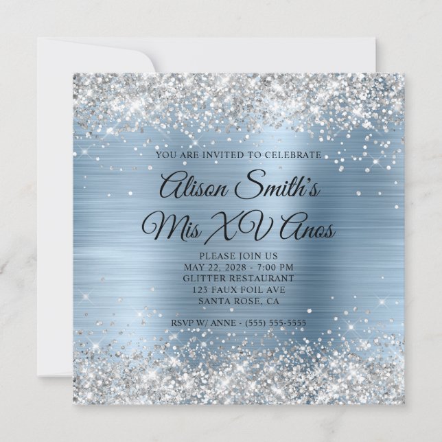 Silver Glitter Light Blue Monogram Mis XV Anos Invitation (Front)
