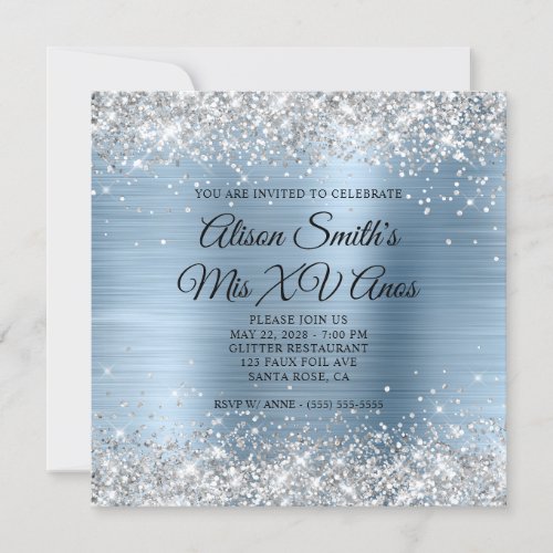 Silver Glitter Light Blue Monogram Mis XV Anos Invitation