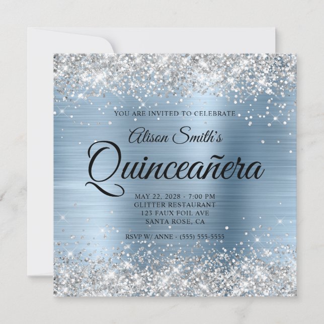 Silver Glitter Light Blue Monogram Quinceanera Invitation (Front)