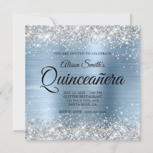 Silver Glitter Light Blue Monogram Quinceanera Invitation