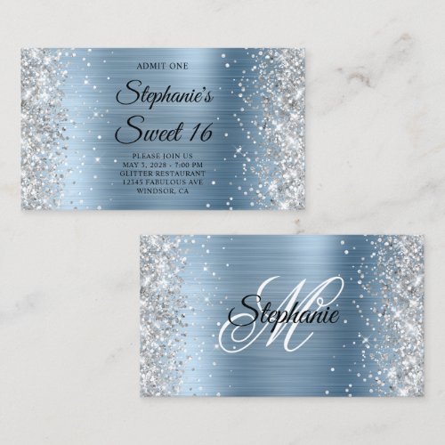 Silver Glitter Light Blue Monogram Sweet 16 Admit Enclosure Card