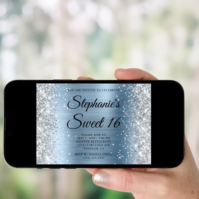 Silver Glitter Light Blue Monogram Sweet 16 Invitation (Front Digital)