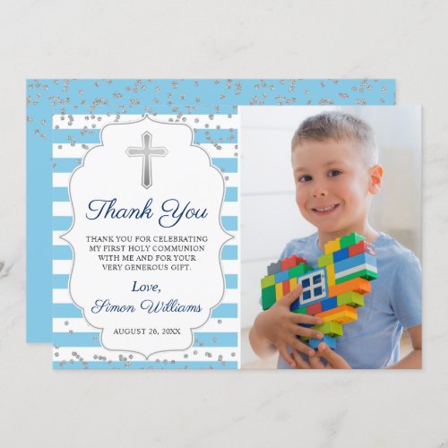 Silver Glitter Light Blue Photo First Communion Thank You Card