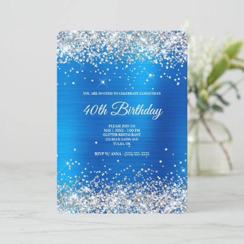 Silver Glitter Light Blue Satin Foil 40th Birthday Invitation