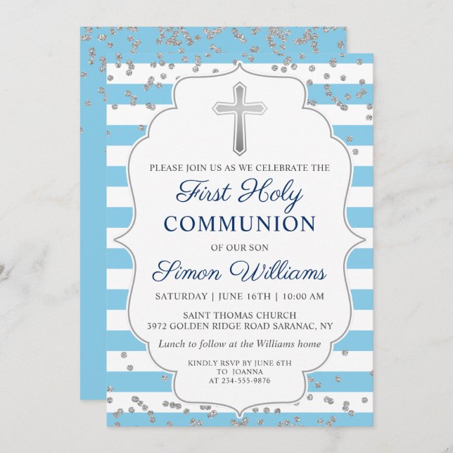 Silver Glitter Light Blue Stripes First Communion Invitation (Front/Back)