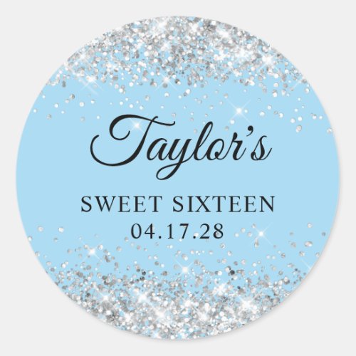 Silver Glitter Light Blue Sweet Sixteen Classic Round Sticker