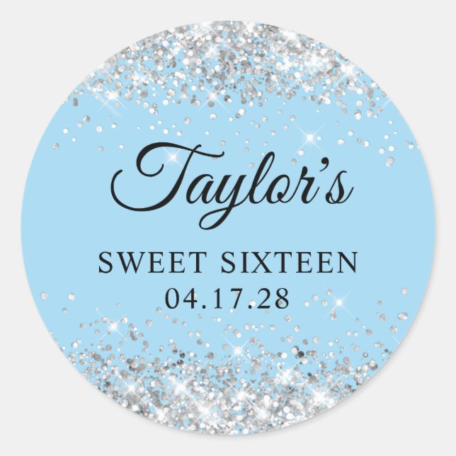 Silver Glitter Light Blue Sweet Sixteen Classic Round Sticker (Front)