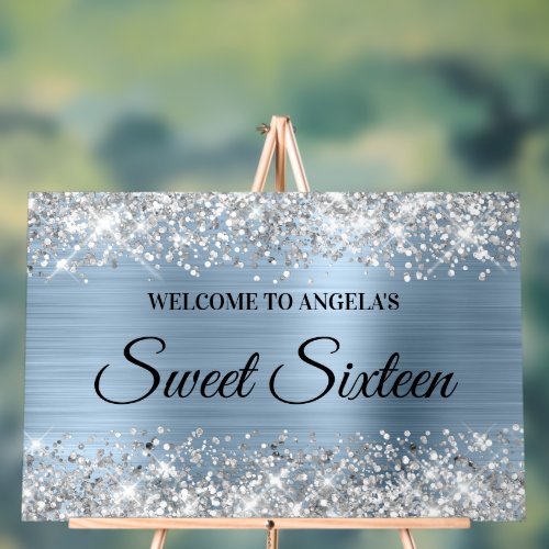 Silver Glitter Light Blue Sweet Sixteen Welcome Acrylic Sign