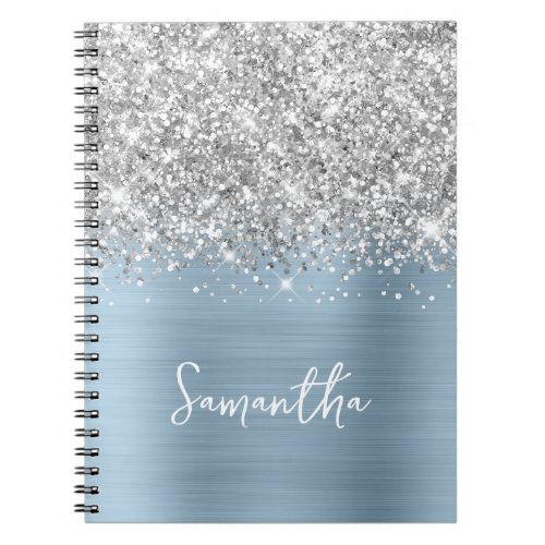 Silver Glitter Light Dusty Blue Glam Script Name Notebook