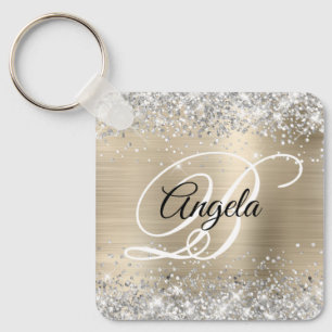 Silver Glitter Light Gold Foil Fancy Monogram Keychain