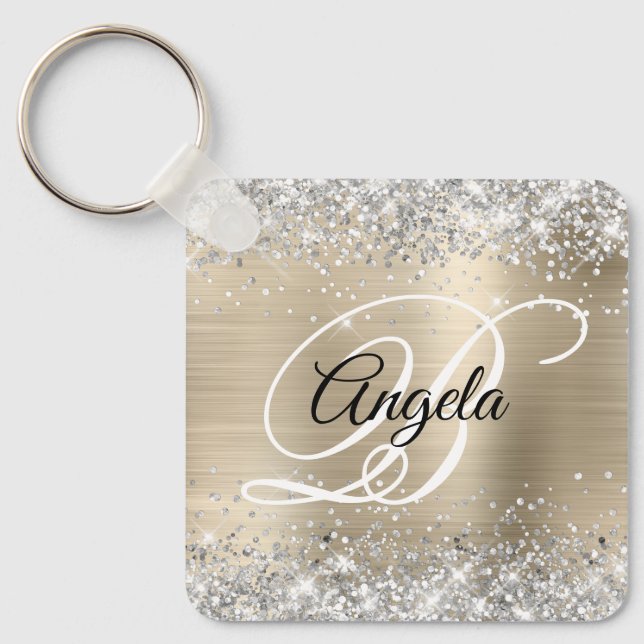 Silver Glitter Light Gold Foil Fancy Monogram Keychain (Front)