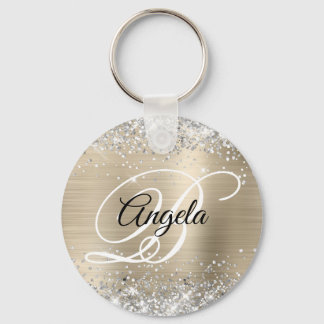 Silver Glitter Light Gold Foil Fancy Monogram Keychain