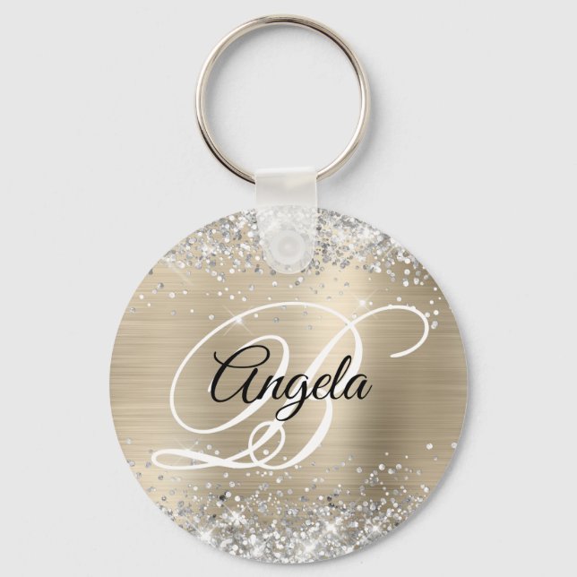 Silver Glitter Light Gold Foil Fancy Monogram Keychain (Front)