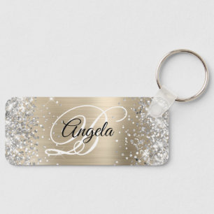 Silver Glitter Light Gold Foil Fancy Monogram Keychain
