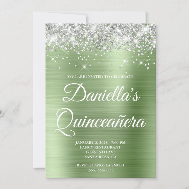 Silver Glitter Light Green Foil Quinceañera Invitation (Front)