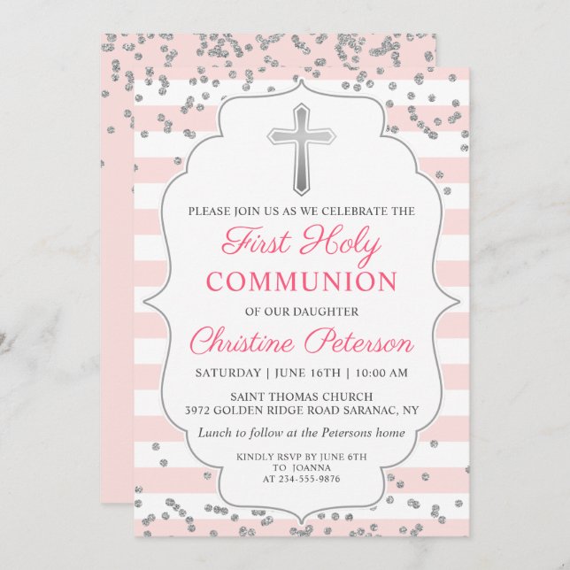 Silver Glitter Light Pink First Holy Communion Invitation (Front/Back)