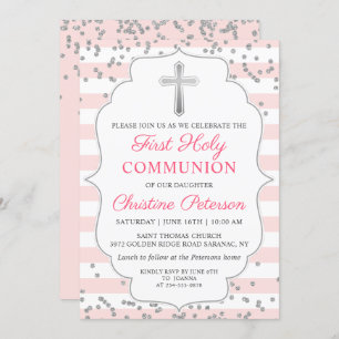 Silver Glitter Light Pink First Holy Communion Invitation