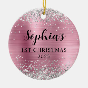 Silver Glitter Light Pink Foil 1st Christmas Photo Ceramic Ornament