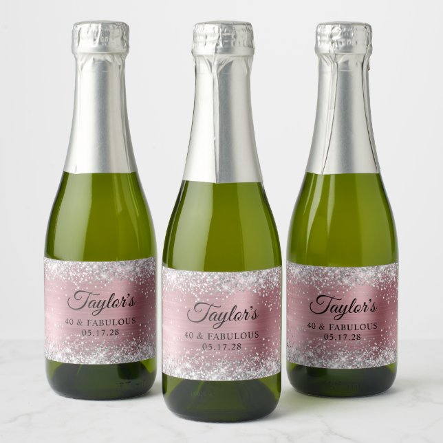 Silver Glitter Light Pink Foil 40 & Fabulous Sparkling Wine Label (Bottles)