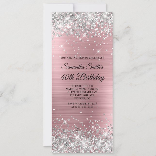 Silver Glitter Light Pink Foil 40th Birthday Invitation (Front)