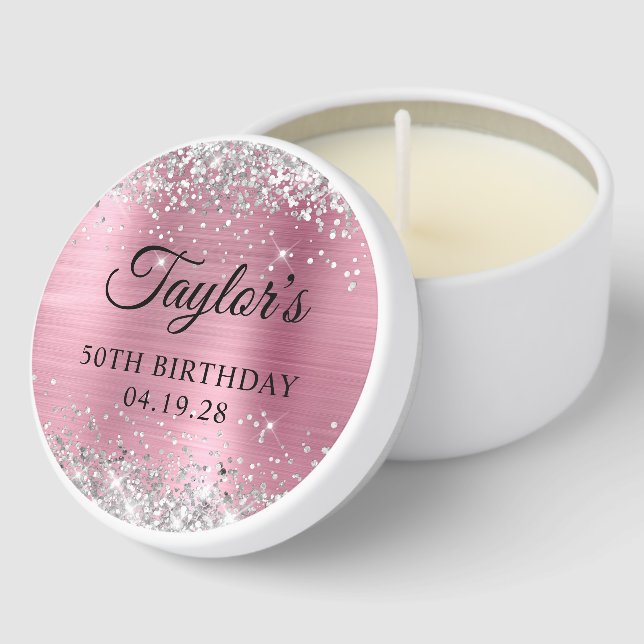 Silver Glitter Light Pink Foil 50th Birthday Mini Candle Favors (Corner)
